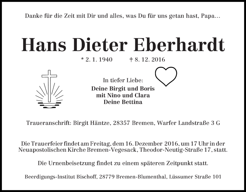 Traueranzeige von Hans Dieter Eberhardt von Die Norddeutsche