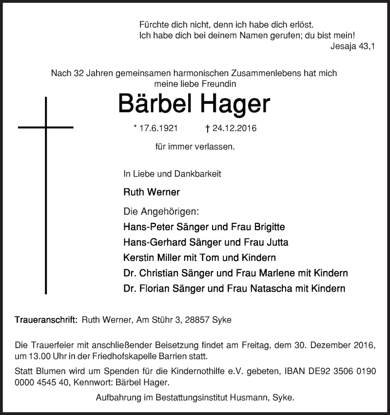 Traueranzeige von Bärbel Hager von Regionale Rundschau/Syker Kurier
