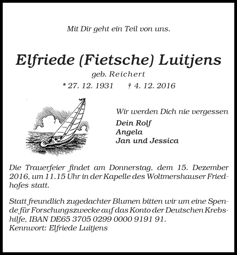 Traueranzeige von Elfriede (Fietsche) Luitjens von WESER-KURIER