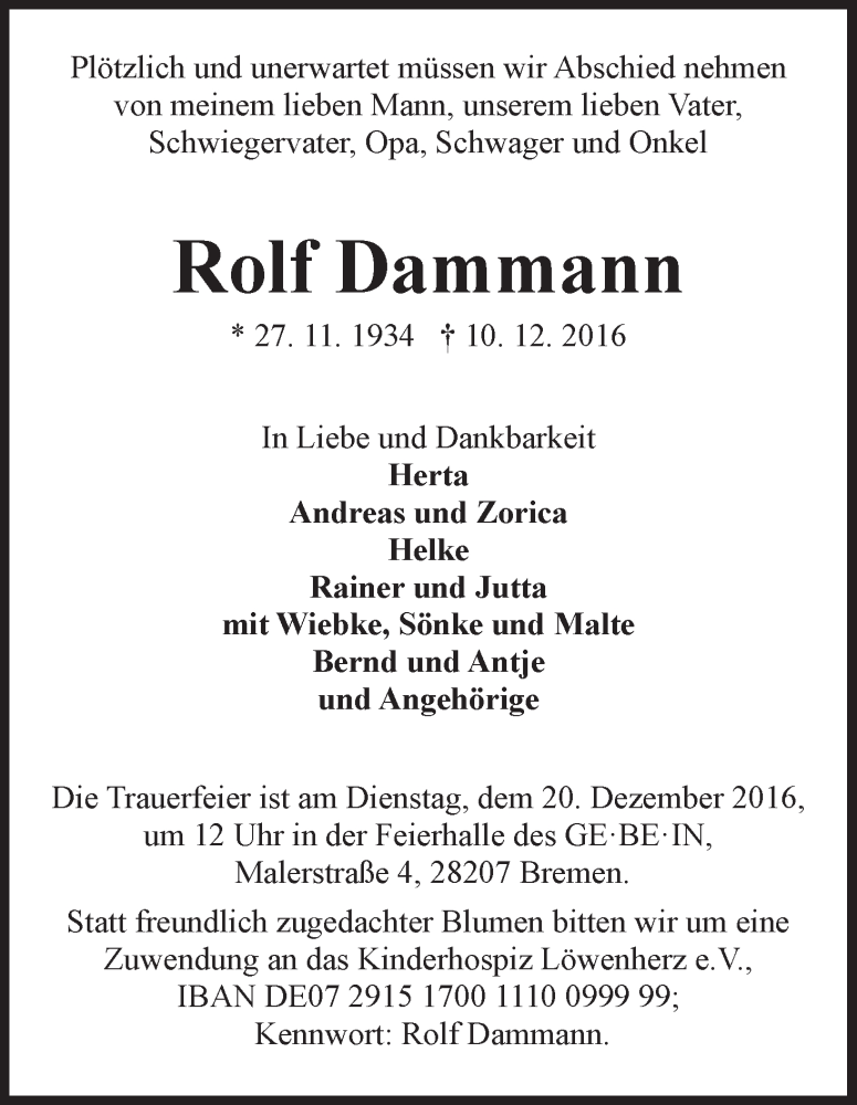 Traueranzeige von Rolf Dammann von WESER-KURIER