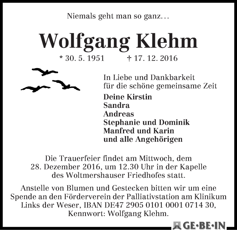 Traueranzeige von Wolfgang Klehm von WESER-KURIER