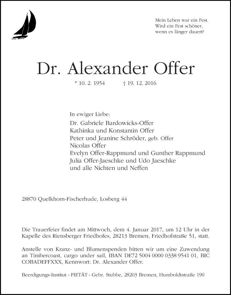 Traueranzeige von Alexander Offer von WESER-KURIER