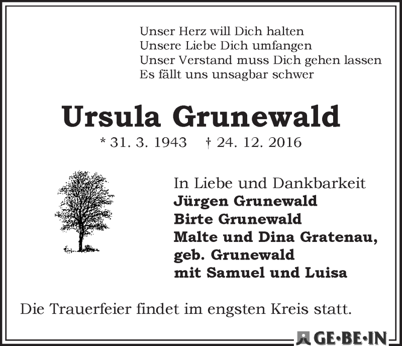 Traueranzeige von Ursula Grunewald von WESER-KURIER
