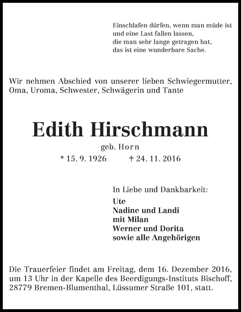 Traueranzeige von Edith Hirschmann von Die Norddeutsche