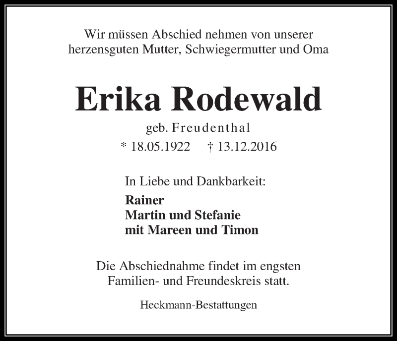 Traueranzeige von Erika Rodewald von Die Norddeutsche