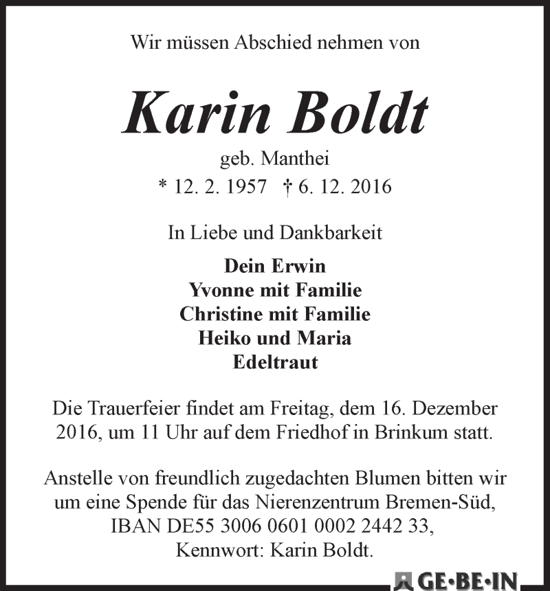 Traueranzeige von Karin Boldt von WESER-KURIER