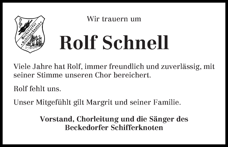 Traueranzeige von Rolf Schnell von Die Norddeutsche