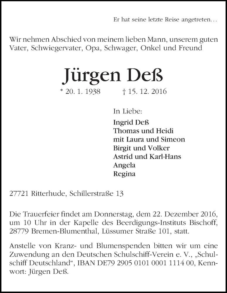Traueranzeige von Jürgen Deß von WESER-KURIER