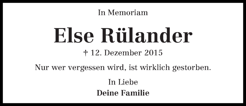 Traueranzeige von Else Rülander von WESER-KURIER