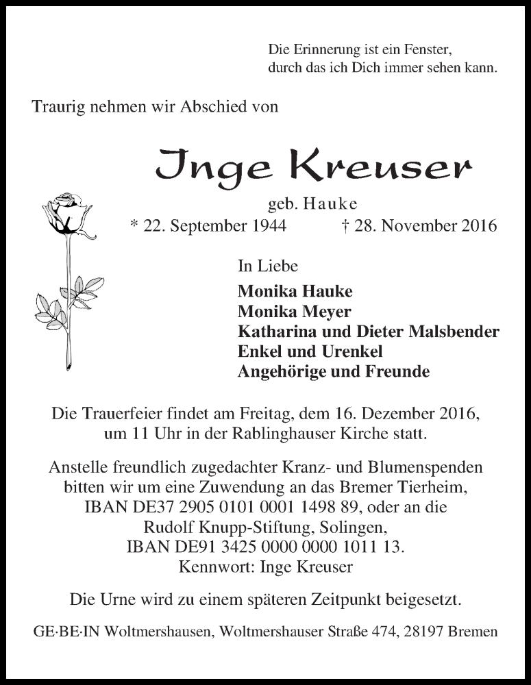 Traueranzeige von Inge Kreuser von WESER-KURIER