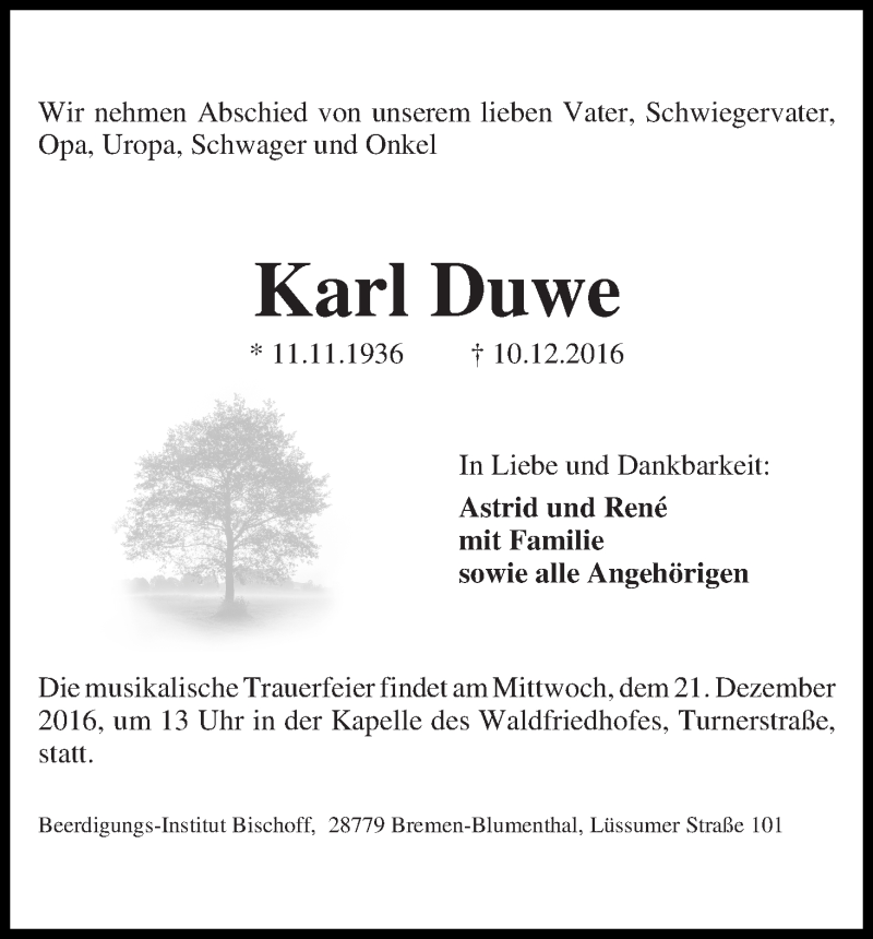 Traueranzeige von Karl Duwe von Die Norddeutsche