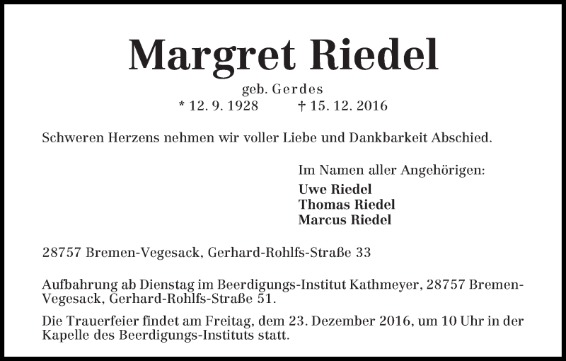 Traueranzeige von Margret Riedel von Die Norddeutsche