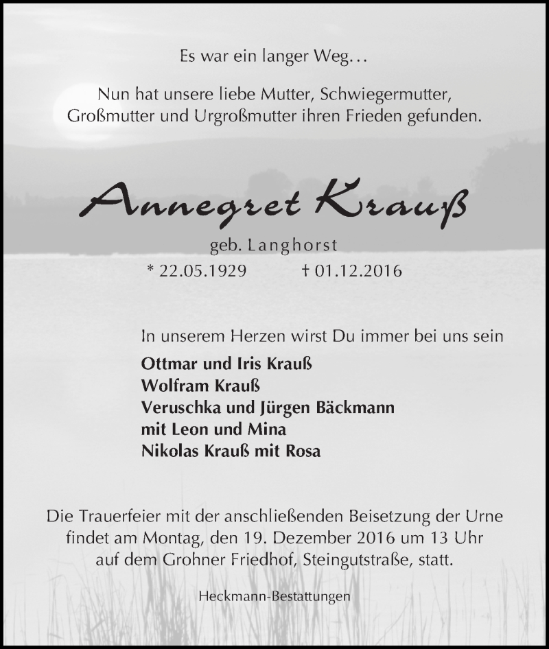 Traueranzeige von Annegret Krauß von Die Norddeutsche