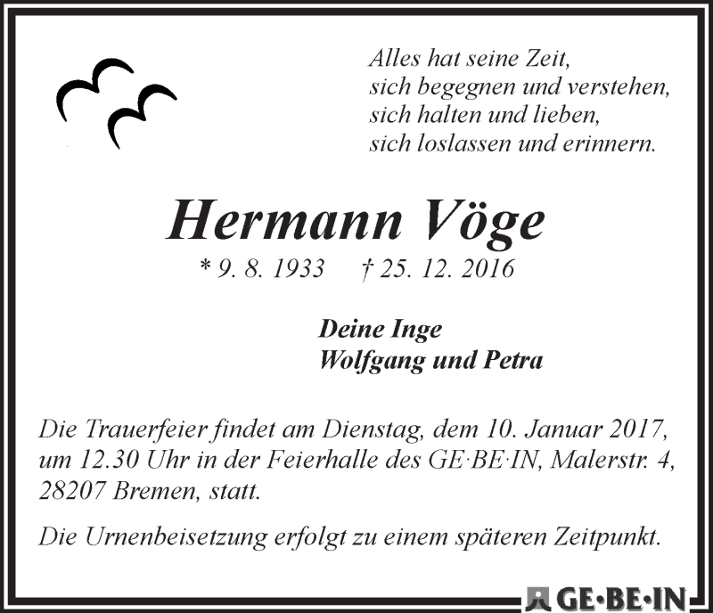 Traueranzeige von Hermann Vöge von WESER-KURIER