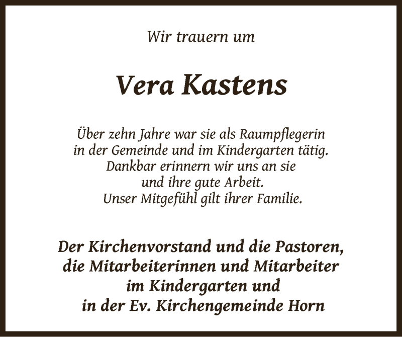 Traueranzeige von Vera Kastens von WESER-KURIER