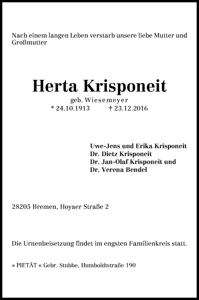 Traueranzeige von Herta Krisponeit von WESER-KURIER