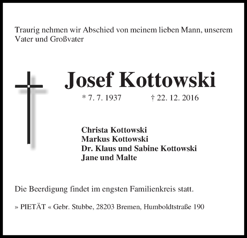 Traueranzeige von Josef Kottowski von WESER-KURIER