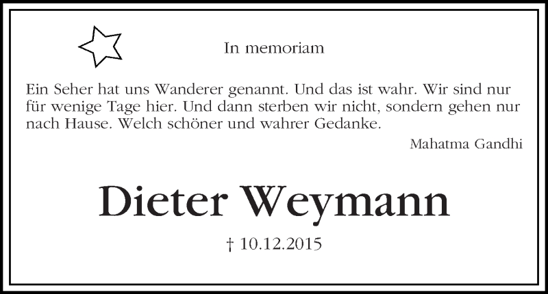 Traueranzeige von Dieter Weymann von WESER-KURIER