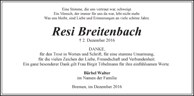Traueranzeige von Resi Breitenbach von WESER-KURIER