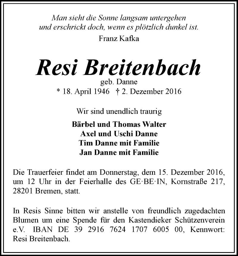 Traueranzeige von Resi Breitenbach von WESER-KURIER