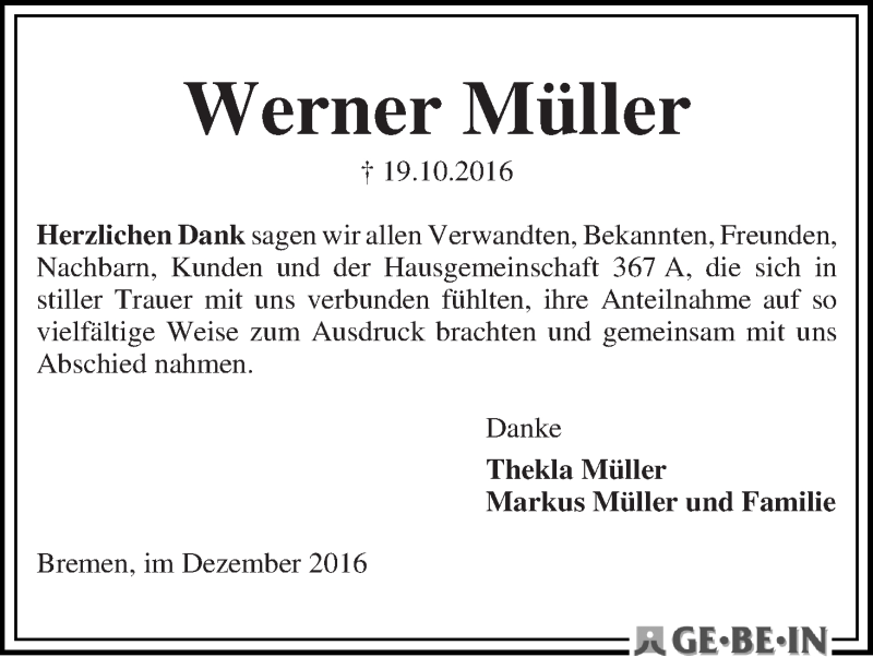 Traueranzeige von Werner Müller von WESER-KURIER