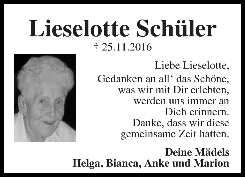 Traueranzeige von Lieselotte Schüler von WESER-KURIER