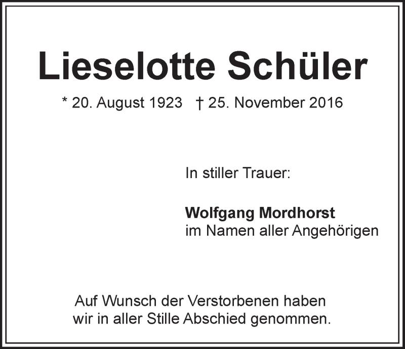 Traueranzeige von Lieselotte Schüler von WESER-KURIER
