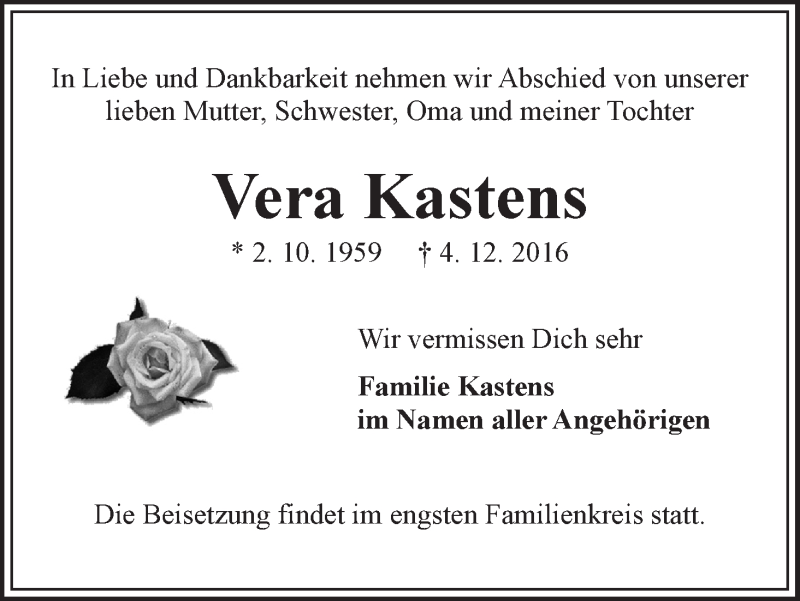 Traueranzeige von Vera Kastens von WESER-KURIER