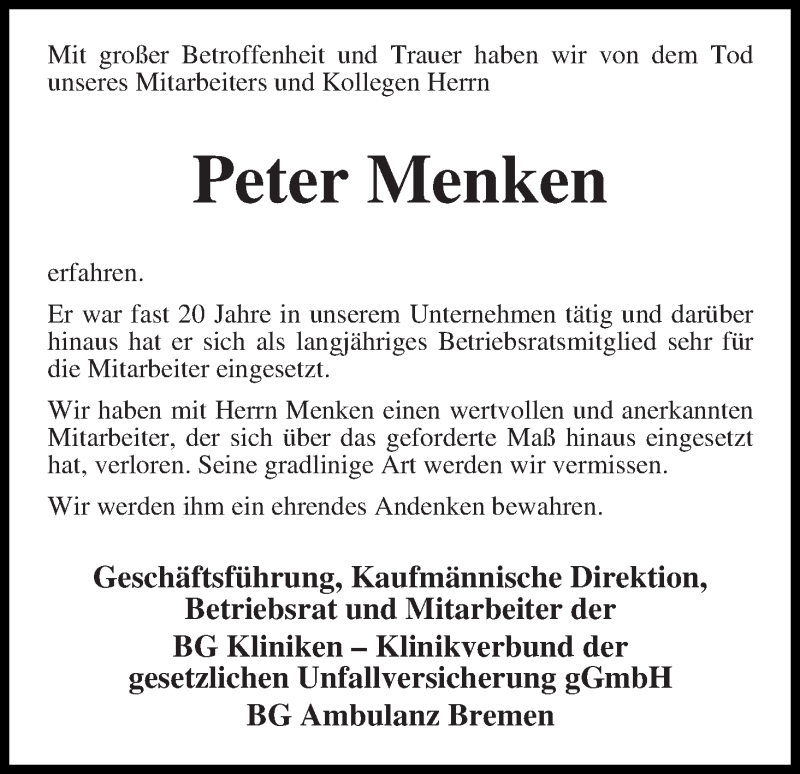 Traueranzeige von Peter Menken von WESER-KURIER