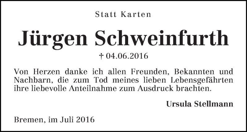 Traueranzeige von Jürgen Schweinfurth von WESER-KURIER