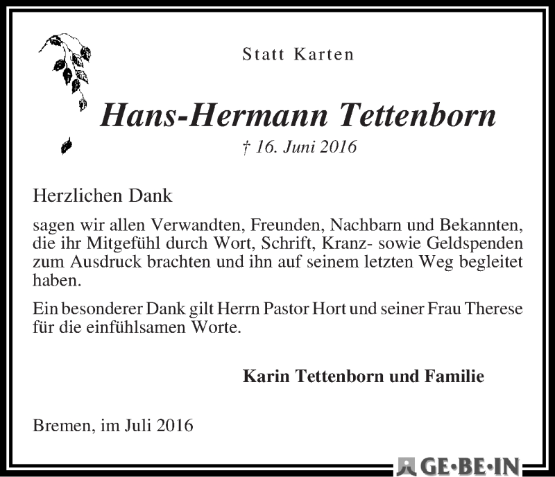 Traueranzeige von Hans-Hermann Tettenborn von WESER-KURIER