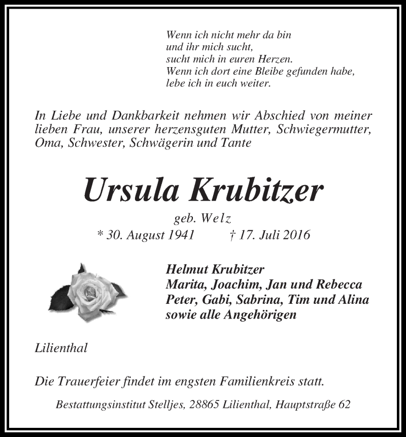 Traueranzeige von Ursula Krubitzer von Wuemme Zeitung