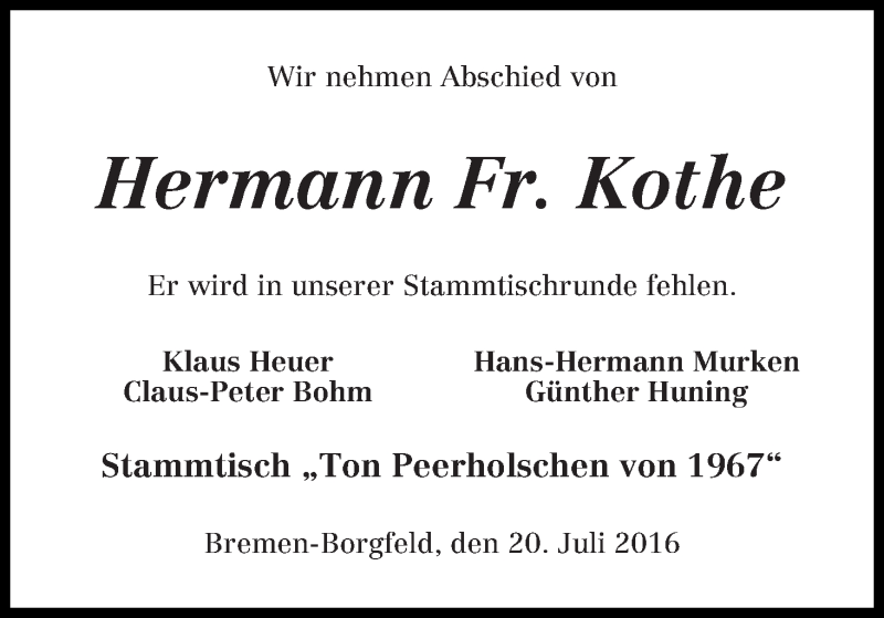 Traueranzeige von Hermann  Kothe von Wuemme Zeitung