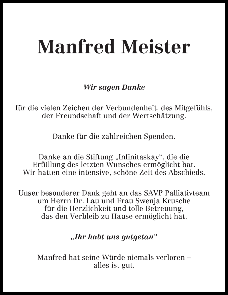 Traueranzeige von Manfred Meister von WESER-KURIER