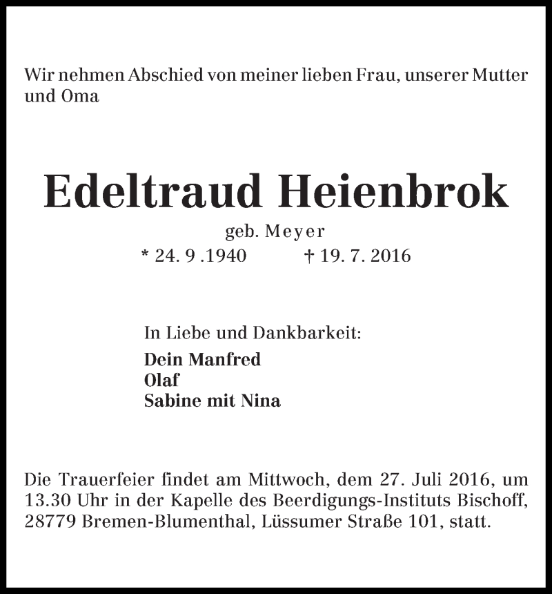Traueranzeige von Edeltraud Heienbrok von Die Norddeutsche