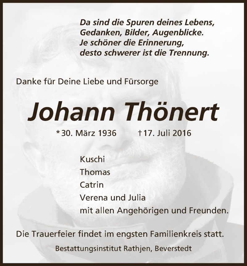 Traueranzeige von Johann Thönert von WESER-KURIER