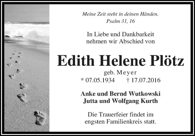 Traueranzeige von Edith Helene Plötz von WESER-KURIER