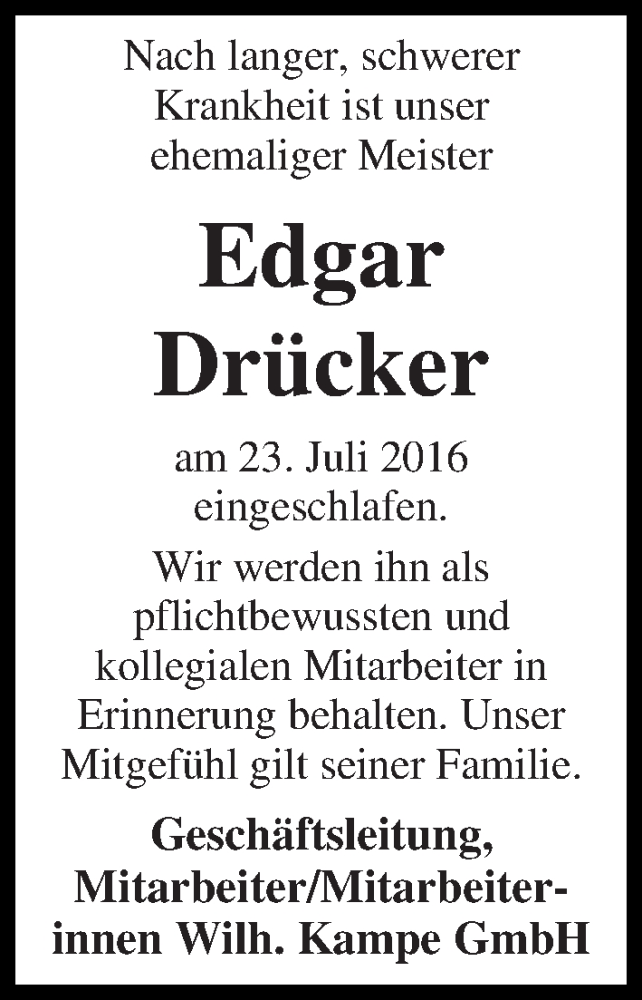 Traueranzeige von Edgar Drücker von WESER-KURIER