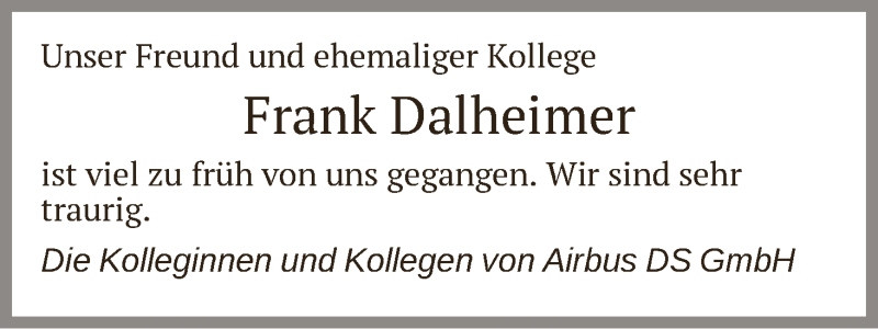 Traueranzeige von Frank Dalheimer von WESER-KURIER