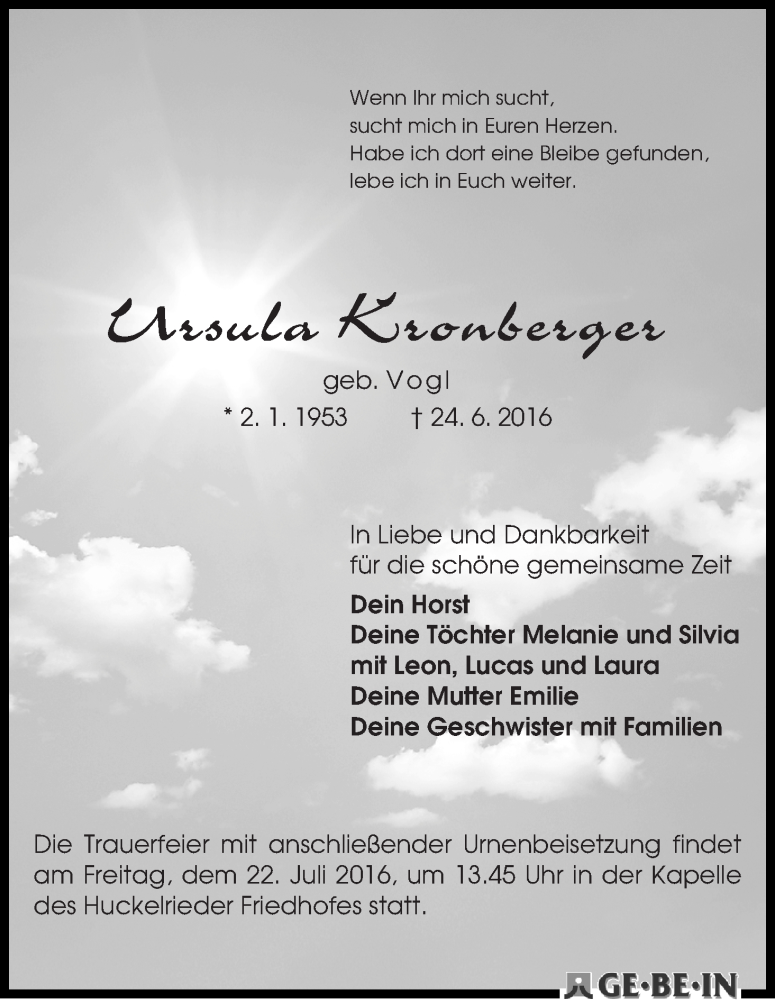 Traueranzeige von Ursula Kronberger von WESER-KURIER