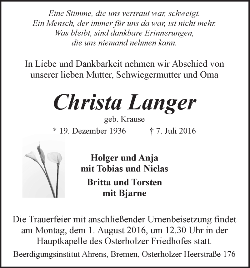 Traueranzeige von Christa Langer von WESER-KURIER