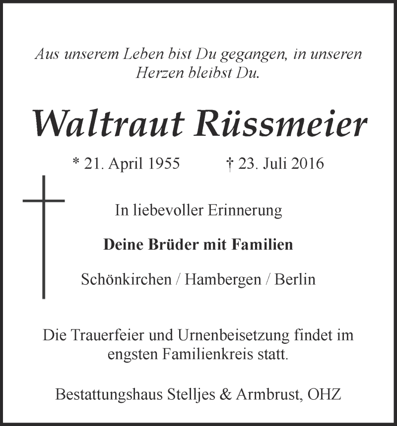 Traueranzeige von Waltraut Rüssmeier von Osterholzer Kreisblatt