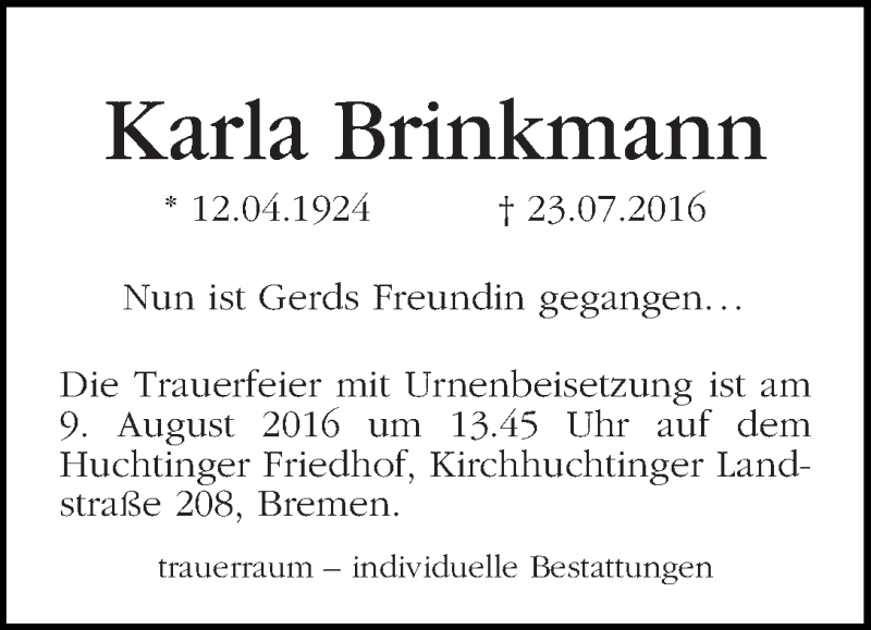 Traueranzeige von Karla Brinkmann von WESER-KURIER