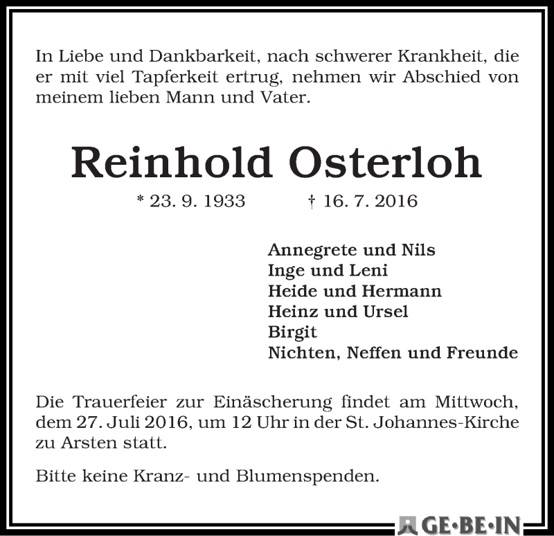 Traueranzeige von Reinhold Osterloh von WESER-KURIER