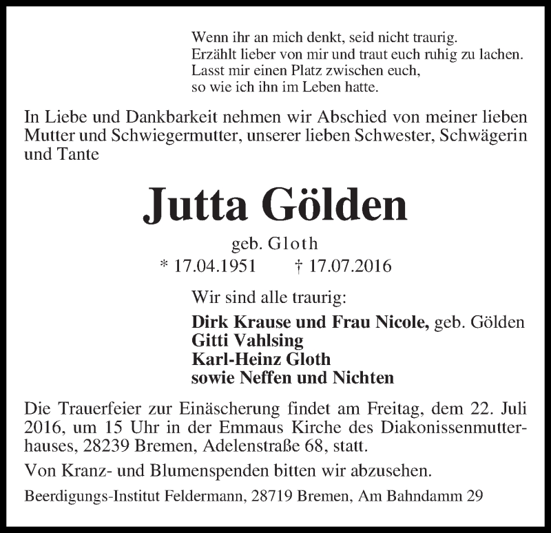 Traueranzeige von Jutta Gölden von WESER-KURIER