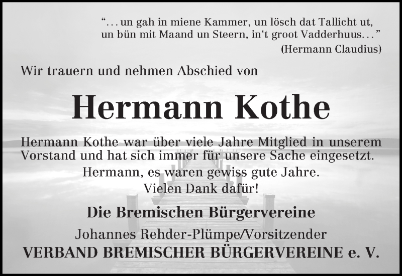 Traueranzeige von Hermann  Kothe von WESER-KURIER