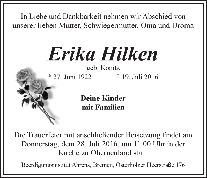 Traueranzeige von Erika Hilken von WESER-KURIER