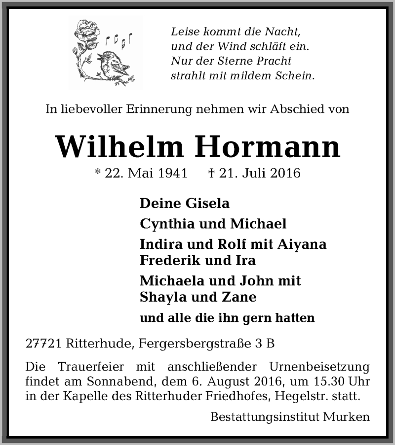 Traueranzeige von Wilhelm Hormann von Osterholzer Kreisblatt