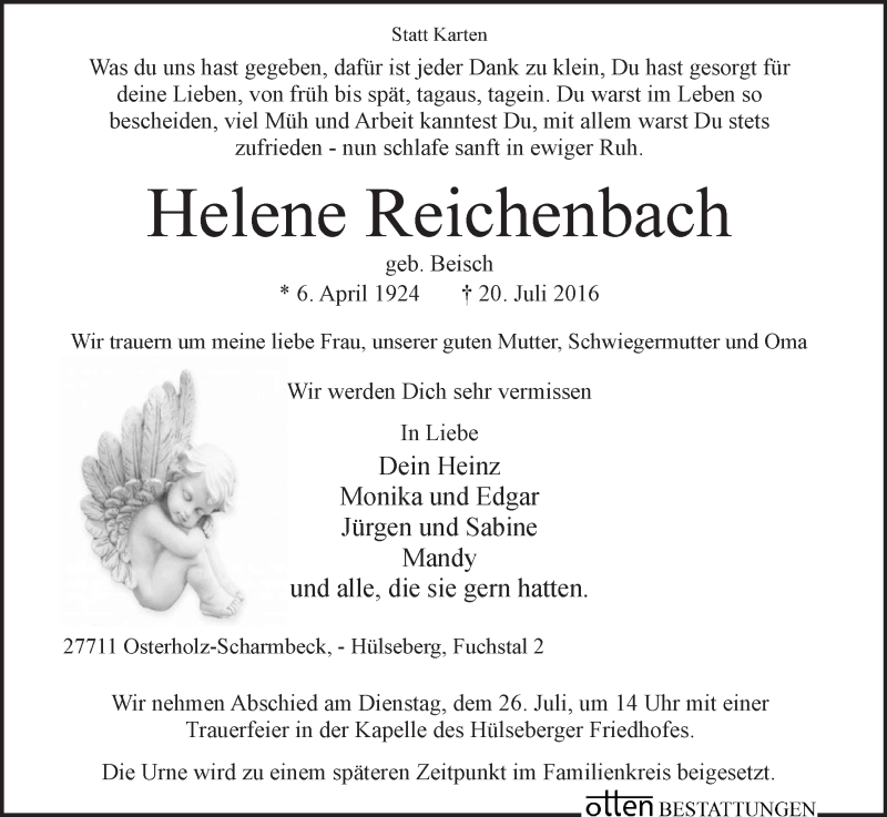Traueranzeige von Helene Reichenbach von Osterholzer Kreisblatt