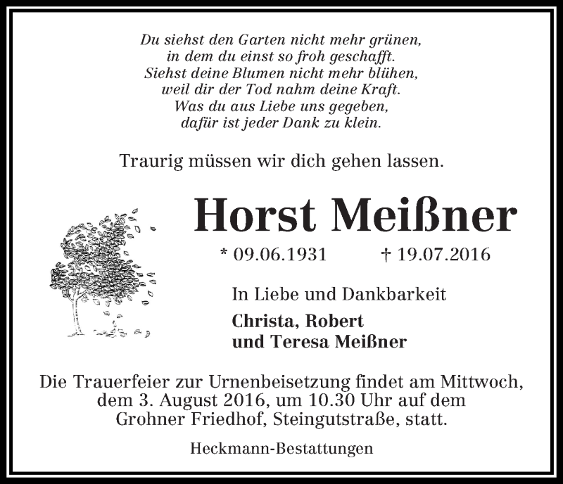 Traueranzeige von Horst Meißner von Die Norddeutsche